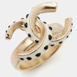 Pre Owned Chanel CC Enamel Gold Tone Ring Size 52