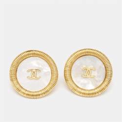 Pre Owned Chanel CC Mother of Pearl Gold Tone Clip On Earrings
