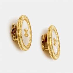 Pre Owned Chanel CC Mother of Pearl Gold Tone Clip On Earrings