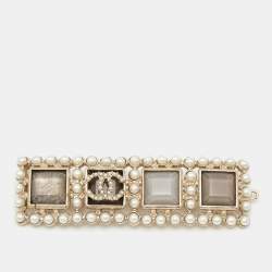Pre Owned Chanel CC Resin Faux Pearl Gold Tone Hair Pin