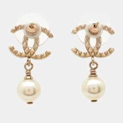 Chanel CC Faux Pearl Textured Gold Tone Drop Earrings