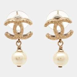 Chanel CC Faux Pearl Textured Gold Tone Drop Earrings