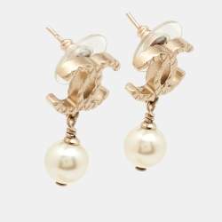 Chanel CC Faux Pearl Textured Gold Tone Drop Earrings