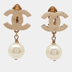 Pre Owned Chanel CC Faux Pearl Gold Tone Earrings