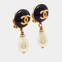 Chanel CC Resin Faux Pearl Gold Tone Earrings