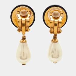 Chanel CC Resin Faux Pearl Gold Tone Earrings