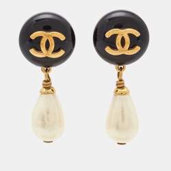 Chanel CC Resin Faux Pearl Gold Tone Earrings
