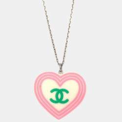 Chanel Silver White Heart Chain Necklace Pendant