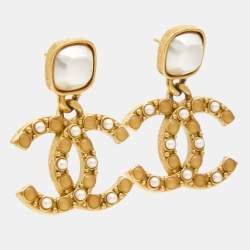 Pre Owned Chanel CC Faux Pearl Resin Gold Drop Earrings