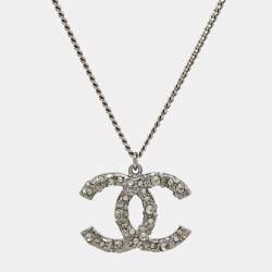 Pre Owned Chanel CC Crystals Gunmetal Tone Pendant Necklace