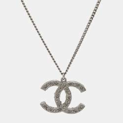Pre Owned Chanel CC Crystals Gunmetal Tone Pendant Necklace