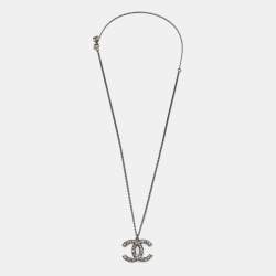 Pre Owned Chanel CC Crystals Gunmetal Tone Pendant Necklace