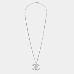 Chanel CC Crystals Silver Tone Pendant Necklace