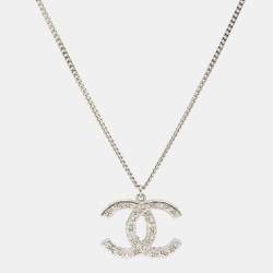 Chanel CC Crystals Silver Tone Pendant Necklace