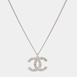 Chanel CC Crystals Silver Tone Pendant Necklace