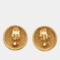 Pre Owned Chanel CC Coco Medallion Gold Tone Clip On Earrings