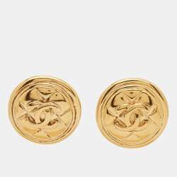 Pre Owned Chanel CC Coco Medallion Gold Tone Clip On Earrings