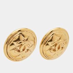 Pre Owned Chanel CC Coco Medallion Gold Tone Clip On Earrings