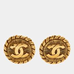 Pre Owned Chanel CC Medallion Gold Tone Clip on Earrings