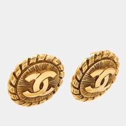 Pre Owned Chanel CC Medallion Gold Tone Clip on Earrings