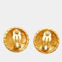 Pre Owned Chanel CC Medallion Gold Tone Clip on Earrings