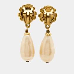 Chanel Camelia Faux Pearl Gold Tone Earrings