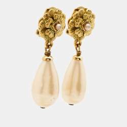 Chanel Camelia Faux Pearl Gold Tone Earrings