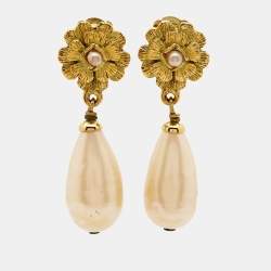 Chanel Camelia Faux Pearl Gold Tone Earrings