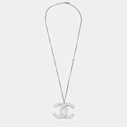 Pre Owned Chanel CC Crystal Silver Tone Pendant Necklace
