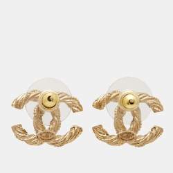 Pre Owned Chanel CC Crystal Twisted Gold Tone Earrings