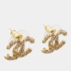 Pre Owned Chanel CC Crystal Twisted Gold Tone Earrings