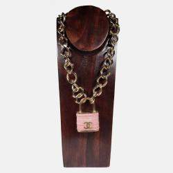 Pre Owned Chanel CC Pink Tweet Padlock Gold Tone Oversized Chain Necklace