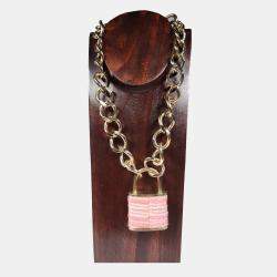 Pre Owned Chanel CC Pink Tweet Padlock Gold Tone Oversized Chain Necklace
