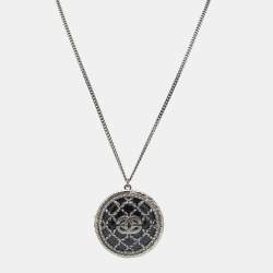 Pre Owned Chanel CC Enamel Gunmetal Tone Openable Long Pendant Necklace