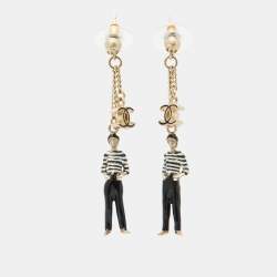 Chanel CC Enamel Gandola Man Gold Tone Earrings
