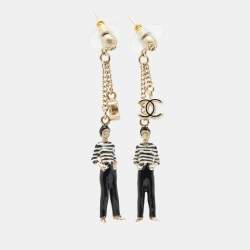 Chanel CC Enamel Gandola Man Gold Tone Earrings