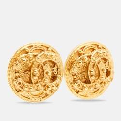 Chanel Vintage CC Gold Tone Button Clip On Earrings