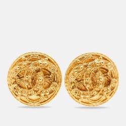 Chanel Vintage CC Gold Tone Button Clip On Earrings