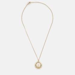 Pre Owned Chanel CC Faux Pearl Crystals Gold Tone Pendant Necklace