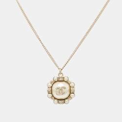 Pre Owned Chanel CC Faux Pearl Crystals Gold Tone Pendant Necklace