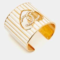 Pre Owned Chanel CC Heart Crystals Enamel Gold Tone Cuff Bracelet
