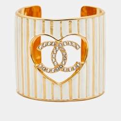Pre Owned Chanel CC Heart Crystals Enamel Gold Tone Cuff Bracelet