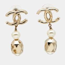 Pre Owned Chanel CC Faux Pearl Gold Tone Earrings