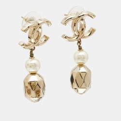 Pre Owned Chanel CC Faux Pearl Gold Tone Earrings