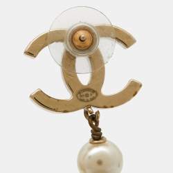 Pre Owned Chanel CC Faux Pearl Gold Tone Earrings