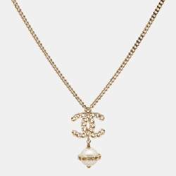 Pre Owned Chanel CC Faux Pearl Gold Tone Chain Link Drop Necklace