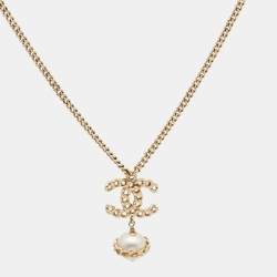 Pre Owned Chanel CC Faux Pearl Gold Tone Chain Link Drop Necklace
