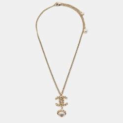 Pre Owned Chanel CC Faux Pearl Gold Tone Chain Link Drop Necklace