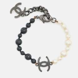 Pre Owned Chanel CC Faux Pearl Bead Black Tone Bracelet
