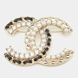 Pre Owned Chanel CC Faux Pearl Crystal Leather Gold Tone Brooch